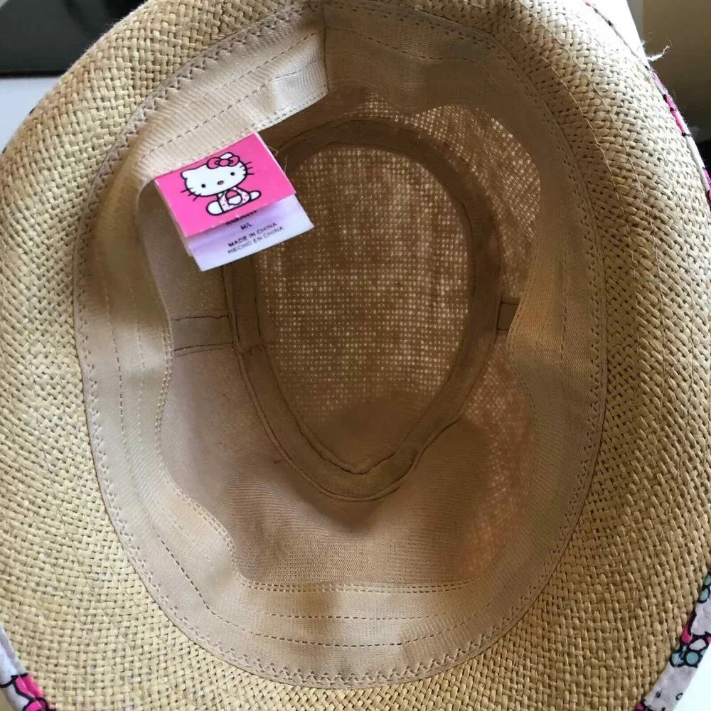 Hello Kitty Straw Hat Fedora Hat Pink Trim Size Medium / Large